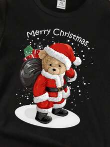 SHEIN Merry Christmas Toddler Boys' Fashionable Cartoon Santa Claus & Teddy Bear Graphic Letter Slogan Print Comfortable Basic Short Sleeve T-Shirt, Suitable For Christmas Party And All Seasons - Black - View 6