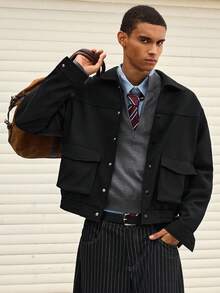 SWAVVY Men's Standard Size Woven Textured Fleece Jacket, Fashionable For Autumn/Winter - Black - View 5