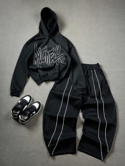 PAVTROS Conjunto de sudadera con capucha de manga larga con estampado de letras y pantalón de chándal con ribete de contraste para hombre, ropa de otoño/invierno