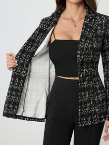 SHEIN Tall 女士休闲优雅格子通勤修身西装外套，秋季 - 黑色 - 查看 9