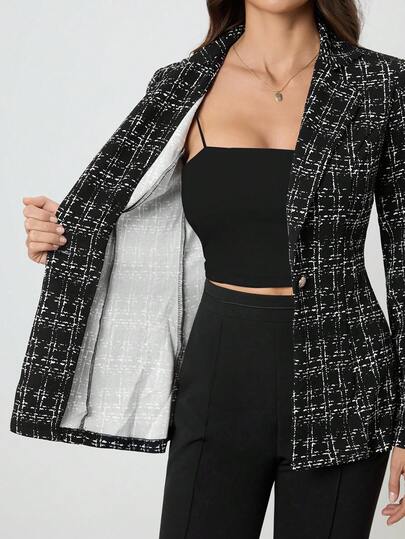 SHEIN Tall Chaqueta Blazer Elegante Casual a Cuadros de Corte Ajustado para Mujer, Otoño, Mujer Alta