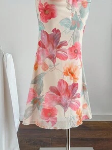 Soleia Đầm đuôi cá in họa tiết hoa thiết kế buộc nơ thanh lịch cho nữ, thích hợp cho kỳ nghỉ - Màu be - Xem 7