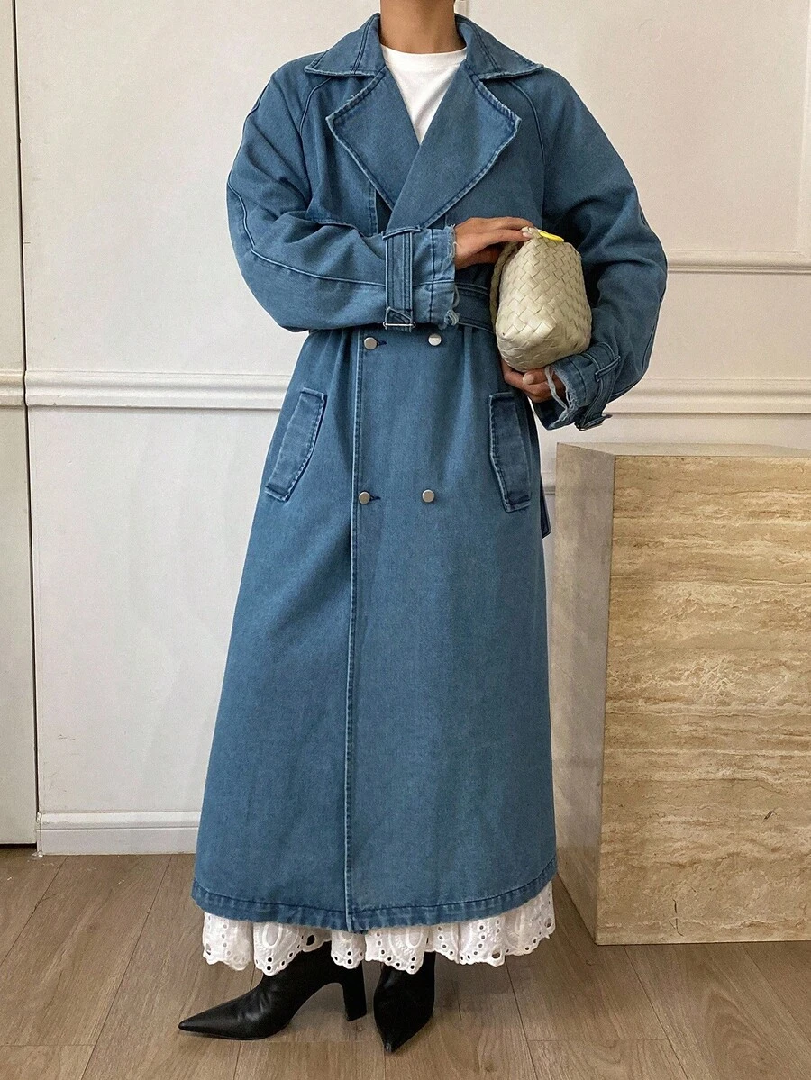 DAZY 女式秋季翻领系腰牛仔风衣夹克