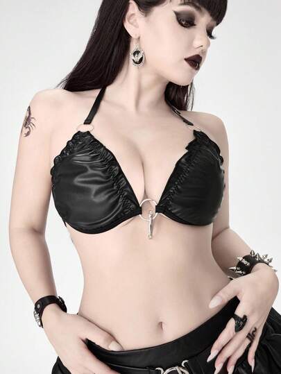 Grunge Punk Dark Punk Metal Hook Clasp PU Halter Triangle Cup Bra For Women