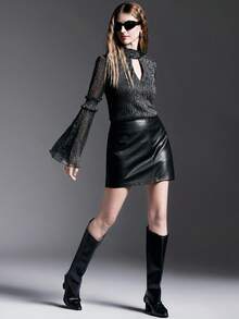 MYSTAURA Women's Fashion Commuter Bell Sleeve Hollow Out Blouse - Black - View 1