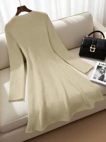 Franclia 女士时尚长袖套头针织连衣裙，百搭优雅，适合春秋季节 - 杏色 - 查看 2