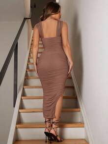 SHEIN SXY Plus Size Women Elegant Apricot Pleated Slit Bodycon Dress - Apricot - View 2