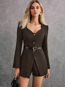 Poéselle 女式纯色鸡心领长袖上衣和短裤优雅两件套 - 深灰色 - 查看 1