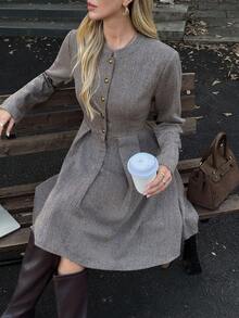 Elyressa 女士编织优雅度假主题中长秋季连衣裙 - 棕色 - 查看 5