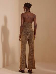 JIAN LASALA Golden Glittery Knit Halter Neck Backless Ruched Front Flared Leg Women Jumpsuit Party Wear - Black - View 2