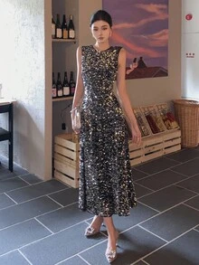 DAZY 女士亮片韩版无袖圆领礼服，适合宴会、舞会、吊带裙、闪亮连衣裙、长款连衣裙 - 銀色 - 查看 8