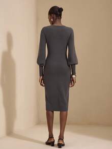 JIAN LASALA Round Neck Bishop Long Sleeves Fitted Bodycon Sweater Midi Dress Women Elegant Autumn Wear Sweater Dresses For Women Long Sleeve Dresses Woman Sweater Dress Knit Dress Luxury Stylish Clothing Collection Party Dress - Dark Grey - View 2