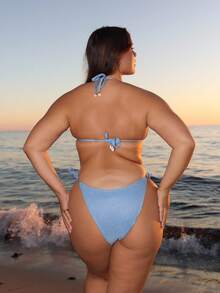 Nezia Cruz Summer Beach Textured Halter Neck Tie Two-Piece Bikini Set