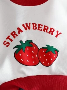 SHEIN 2件套女婴春秋草莓字母印花长袖上衣+全套草莓印花牛仔裤套装 - 白色 - 查看 3