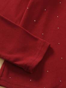SHEIN Girls'Rhinestone Embellished Turtleneck Long Sleeve T-Shirt,Burgundy Autumn Elegant Party Fully Studded Design,Soft & Comfortable Fabric Versatile - Burgundy - View 5