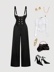 SHEIN MOD 大码黑色提花拼布金属扣带连体裤 - 黑色 - 查看 1