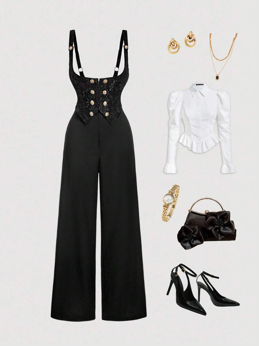 SHEIN MOD 大码黑色提花拼布金属扣带连体裤 - 黑色 - 查看 1