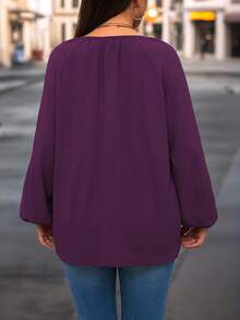SHEIN 秋季大码休闲日常纯色优雅纹理宽松衬衫 - 紫色 - 查看 2
