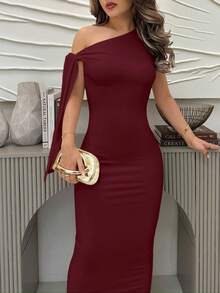 Jemour 女士纯色白色毕业派对礼服，不对称肩带，褶饰优雅开衩连衣裙 - 酒紅色 - 查看 5