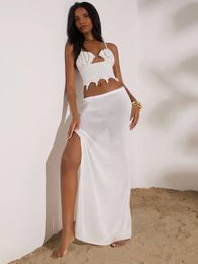 Opulessa 2件套女士时尚性感串珠镂空针织吊带背心和迷你裙套装 - 白色 - 查看 6