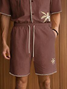 SWAVVY 2pcs Men Casual Loose Fit Short Sleeve Shirt And Elastic Waist Straight Leg Shorts Set - Coffee Brown - View 7
