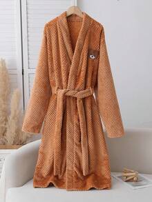 Men's Minimalist Gentleman Embroidery Bear Pattern Long Sleeve Belted Robe, Fluffy