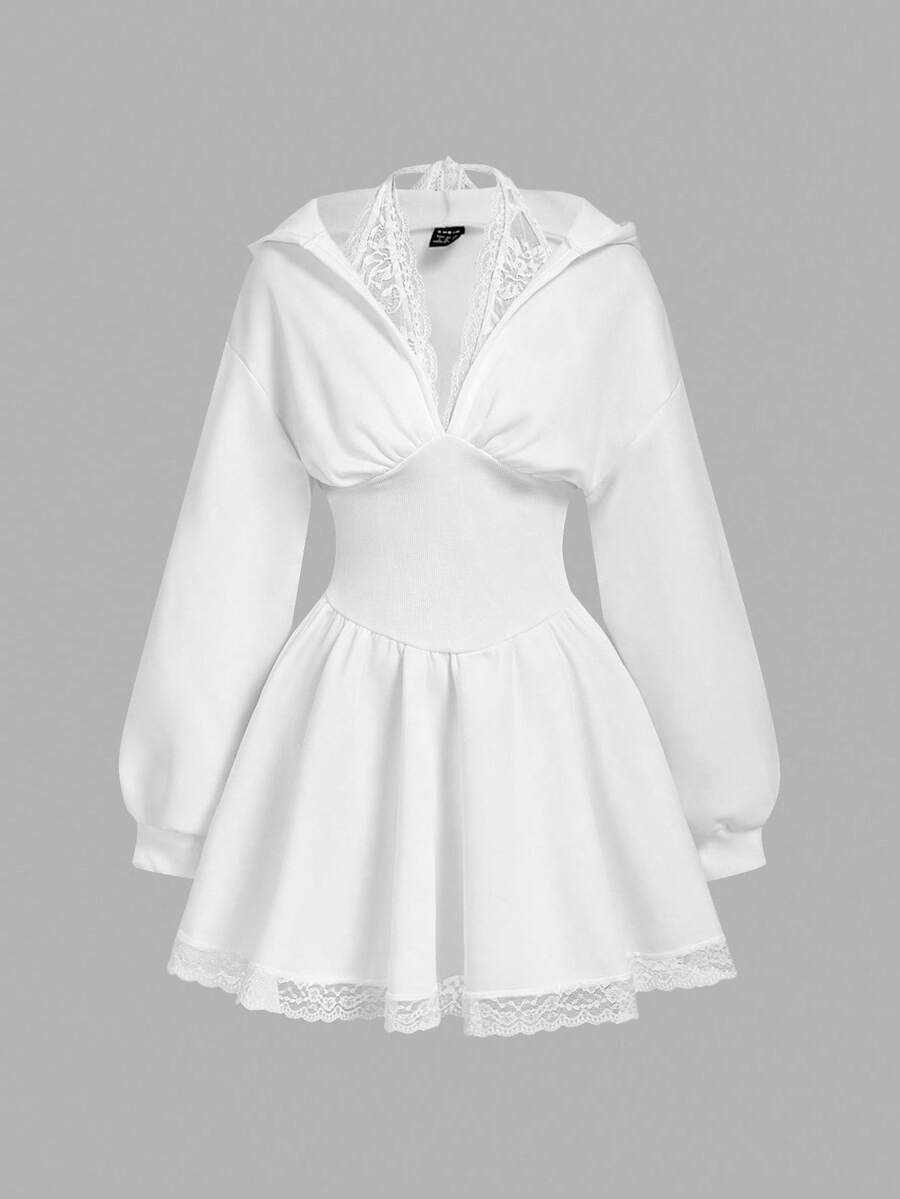 SHEIN MOD 女式落肩蕾丝拼布腰休闲连衣裙 - 白色 - 查看 1