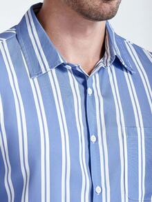 Manfinity Homme 男士休闲通勤条纹长袖衬衫，蓝色条纹衬衫，秋季款 - 藍白色 - 查看 2