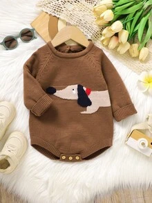 SHEIN 1pc Blue Infant Bodysuit, Cute Puppy Jacquard Pattern, Round Neck Long Sleeve Baby Sweater Romper Brown Baby Clothes Goose Baby Outfit Woodland Baby Clothes Dachshund Baby Clothes Baby Boy Knitted Outfits Baby Knit Jumpsuit Baby Overalls Neutral Baby Clothes Baby Knit Jumpsuit Baby Sweater Romper Newborn Knitted Romper - Coffee Brown - View 5