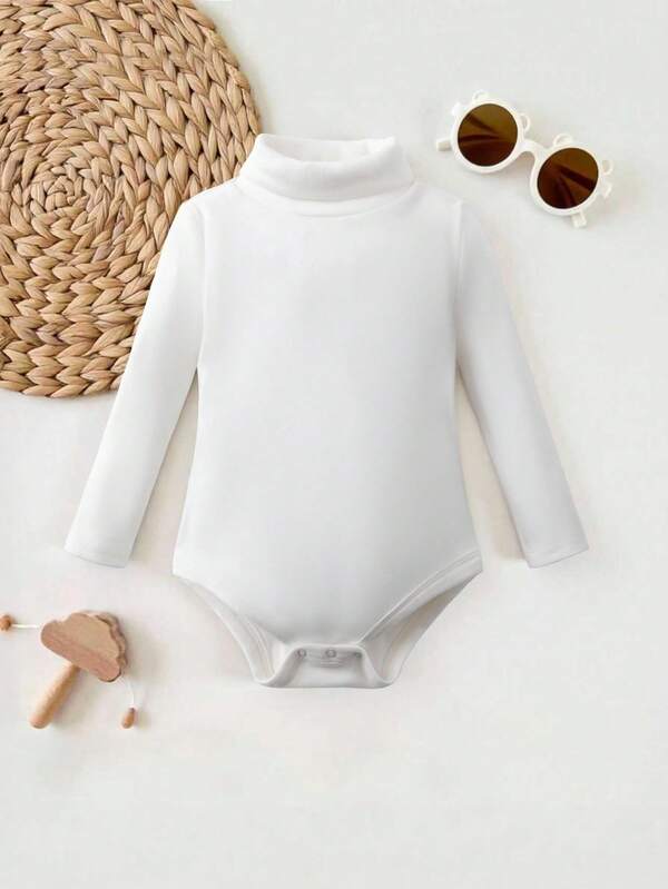 SHEIN Baby Girl Solid Color Turtleneck Romper, Autumn/Winter Neutral Baby Clothes Baby Girl Bodysuits Winter White Bathing Suit Baby Girl Long Sleeve White Bodysuit Baby