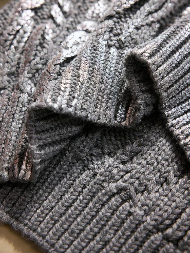 TWISTED TEXTURE STAND COLLAR SWEATER WITH METALLIC FOIL FINISH, STYLISH SHORT FRONT LONG BACK DESIGN