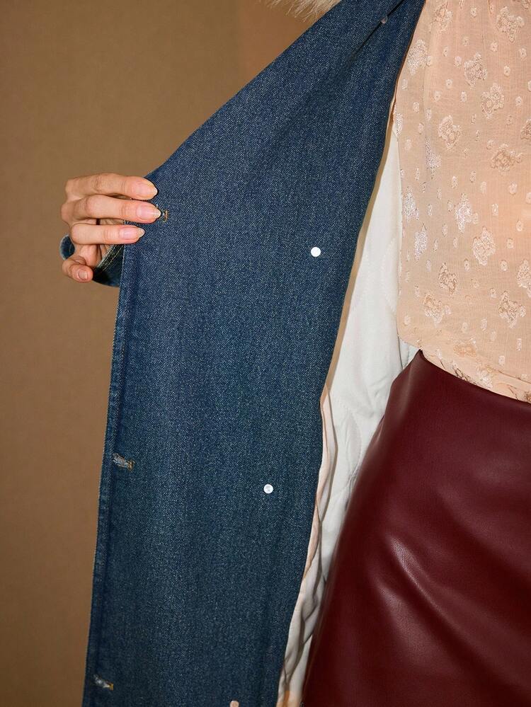 CONTRAST FUZZY COLLAR BELTED DENIM WINTER COAT