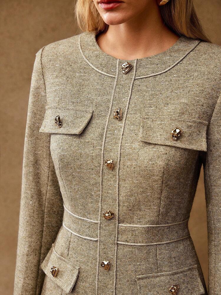 WOOL FLAP DETAIL FOLD PLEATED HEM DRESS