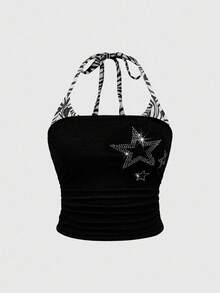 ROMWE J-Fashion Shibuya Girl Y2K Star Rhinestone Decor Halter Neck Plus Size Top - Black - View 1