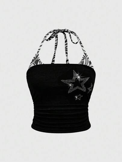 J-Fashion Top à encolure bateauavec décoration de strass style Shibuya Girl Y2K, grande taille