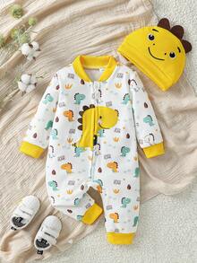 SHEIN Baby Boy Cute Dinosaur Print Long Sleeve Jumpsuit And Hat Set, Casual For Spring/Autumn - Multicolor - View 6