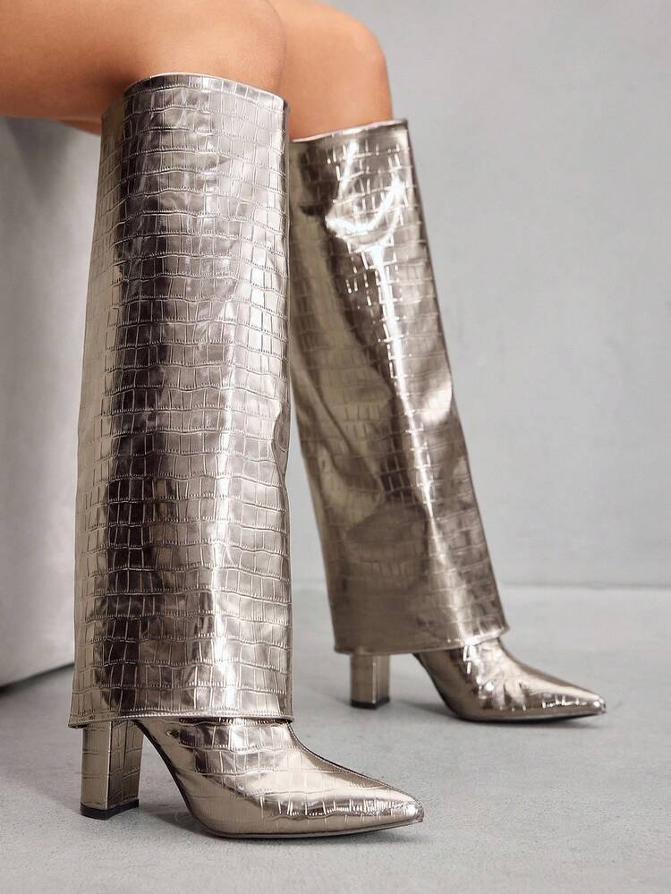 CUCCOO SZL 여성용 포인트 토 청키 하이힐 부츠, 실버 크로커다일 엠보싱 PU 가죽, 듀얼 패브릭 디자인, 데일리, 파티, 연회에 적합한 패셔너블한 미니멀리스트 편안함, 사이드 지퍼 슬립온