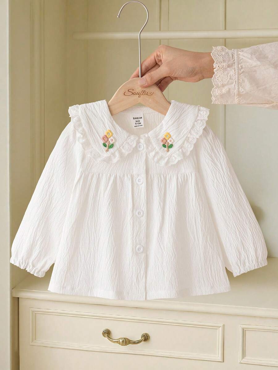 SHEIN Baby Girl Tops French Style Elegant White Lapel Long-Sleeved Top With White Floral Embroidery Details,Autumn Engagement Party Clothes For School - White - View 1