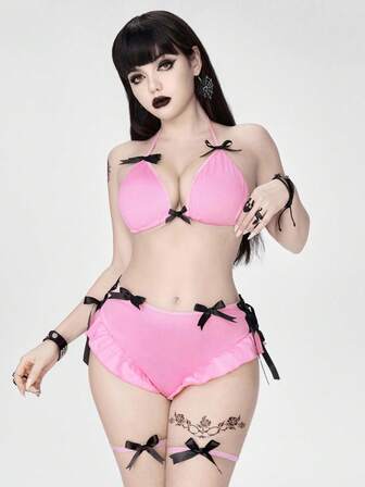 J-Fashion 4pcs Y2K Harajuku Babe Triangle Bra, Panty, Leg Garter, Fishnet Lingerie Set For Women