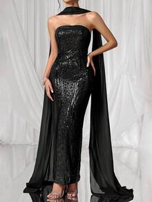 Coutiva 奢华亮片刺绣礼服，高端优雅派对礼服 - 黑色 - 查看 7