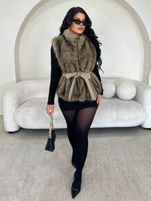 SHEIN SXY 女士优雅无袖系带仿皮草外套，秋冬奢华马甲复古蝴蝶结女式外套，冬季女装 - 杏色 - 查看 5