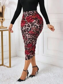 SHEIN Lady Women's Elegant Floral & Leopard Print Pleated Pencil Skirt - Multicolor - View 3