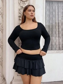 Nezia Cruz 女士夏季實色雙層荷葉邊迷你裙 - 黑色 - 查看 5