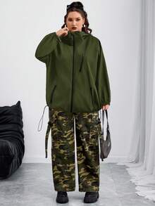 SHEIN CURVE+ Áo khoác có mũ trùm đầu Curves Plus Size/Quần áo đi học/Quần áo trở lại trường/Áo khoác có mũ trùm đầu dây rút vai trễ dành cho nữ cỡ lớn, Quần áo mùa thu dành cho nữ, Mùa đông, CURVE PLUS - xanh quân đội - Xem 6