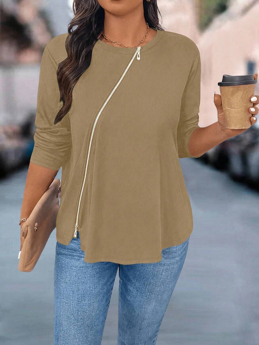 SHEIN LUNE Tricou cu mânecă lungă și fermoar, culoare solidă, pentru femei, mărime plus