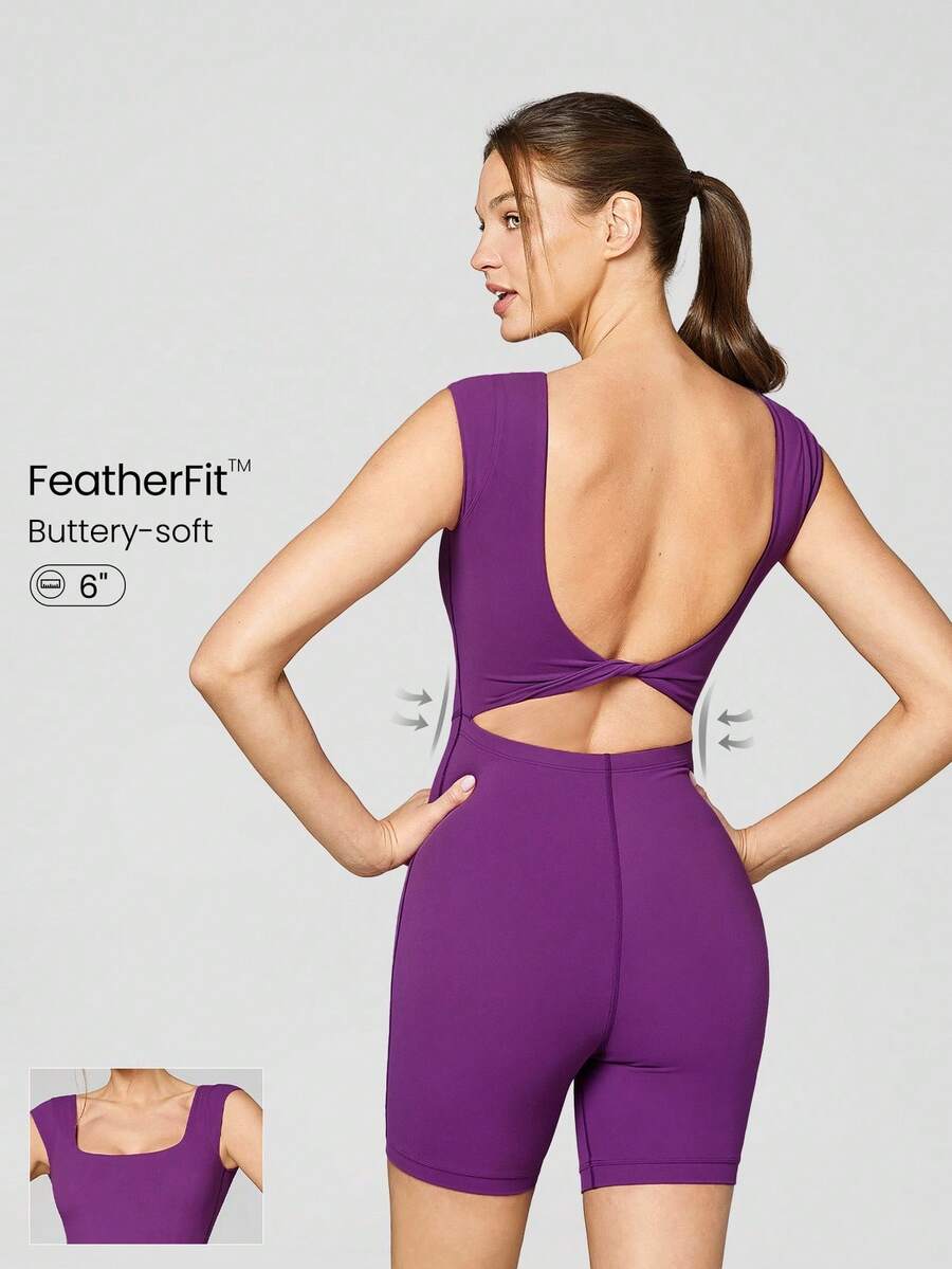 GLOWMODE 6" FeatherFit™ Square Neck Knotted Romper Bodysuit Light Support Yoga Pilates Studio Gym Daily - Purple - View 1