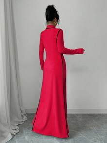 Elenzga 2pcs/Set Women Knitted Ribbed Turtleneck Colorblock Long Dress - Red - View 2