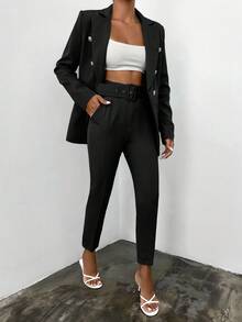 EURMUSE Women's Solid Color Double-Breasted Lapel Long Sleeve Fashion Suit Set - Black - View 4