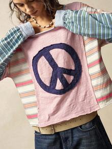 Bohemela 女式休闲针织拼布圆领长袖 T 恤 - 粉色 - 查看 4