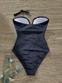 Swim Chiccia Bộ đồ bơi một mảnh họa tiết ngọc trai xếp nếp cổ chữ V sâu màu trơn dành cho nữ, Xuân/Hè - màu đen - Xem 6